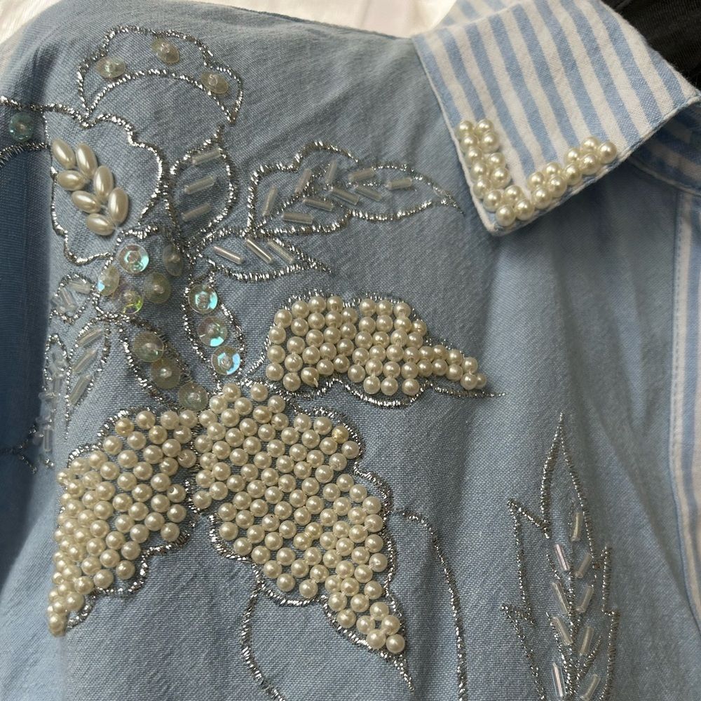 Vintage Jane Ashley Blue & White Striped Embroidered Shirt - pearl beading- 1X - Picture 8 of 12